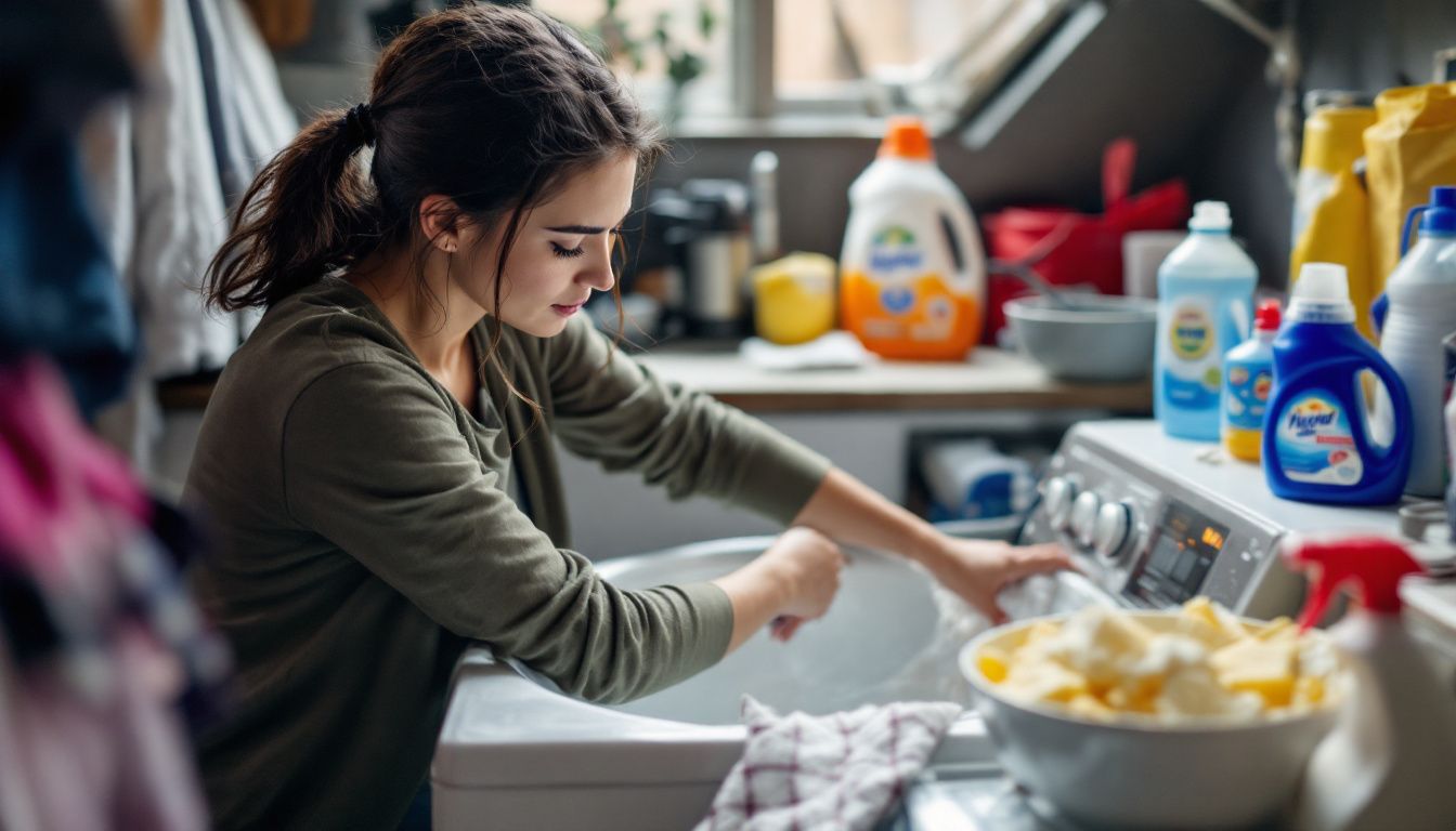 A woman is cleaning a washing machine using vinegar and baking soda.