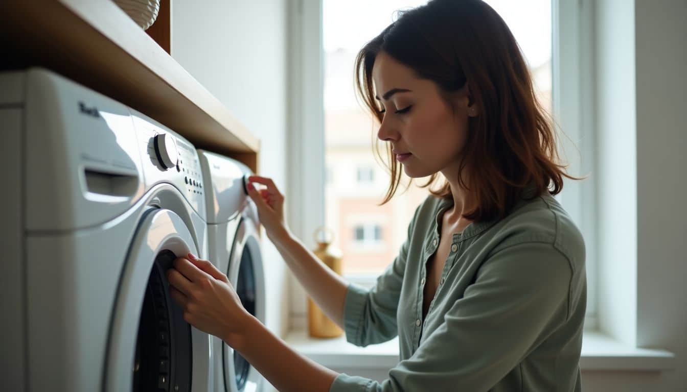 A woman in her 30s cleaning a washing machine door gasket.