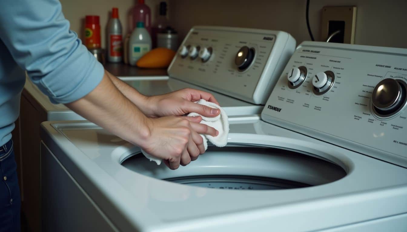 A person cleaning a top-load washing machine with vinegar or bleach.