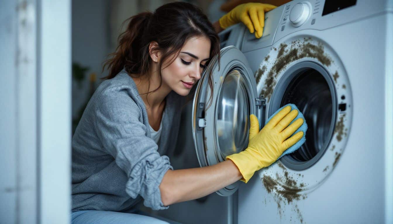 A woman cleans a front-load washing machine to remove mold.