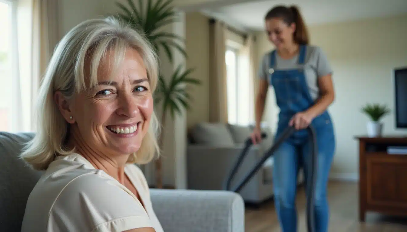 A woman watches as a cleaner vacuums her neat living room.