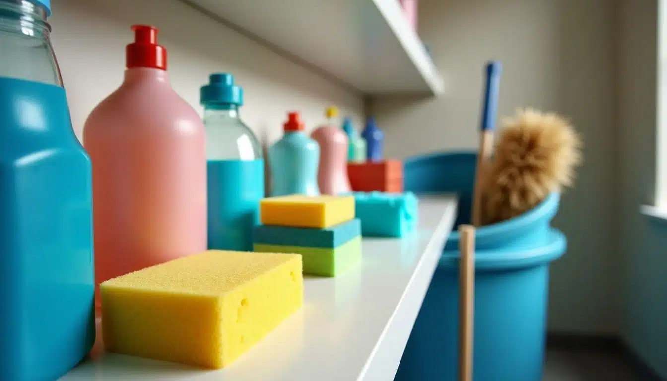 Close-up of cleaning supplies organized on a shelf in a utility room.