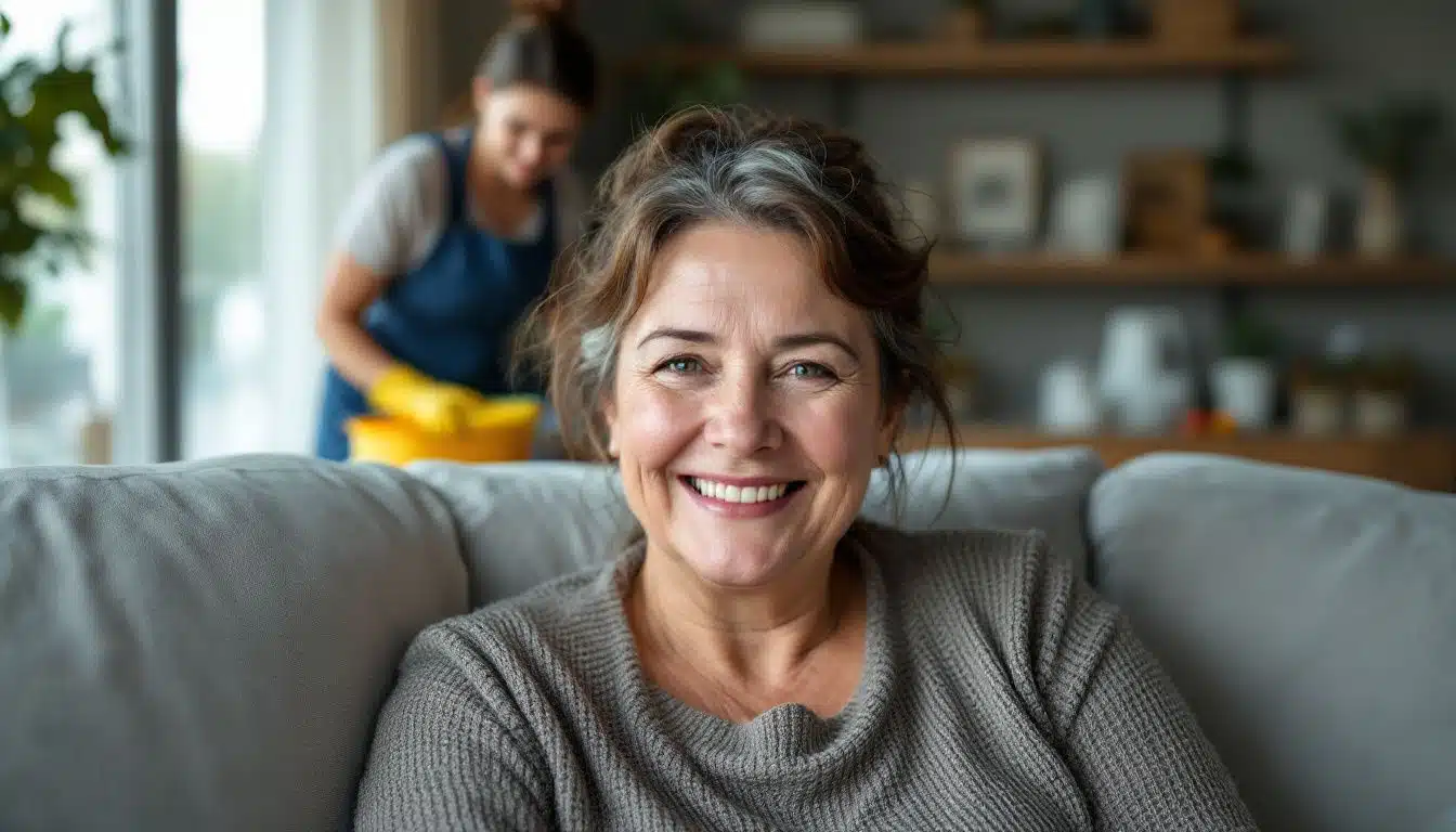 A woman smiles on her couch while a cleaner works behind.