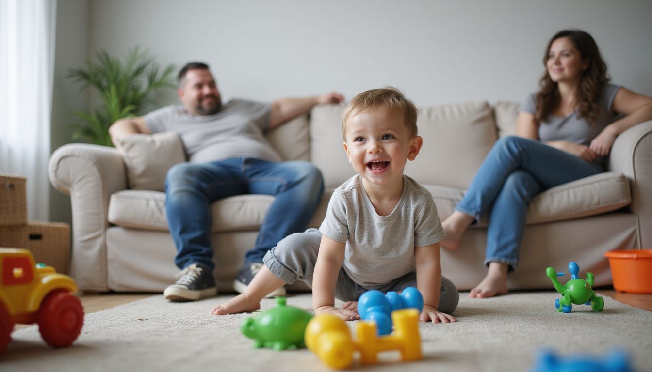 A young child playing in a tidy living room while parents relax.