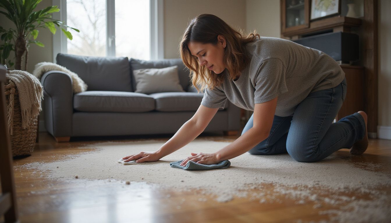 A homeowner in their late 30s cleaning dust from hardwood floors.