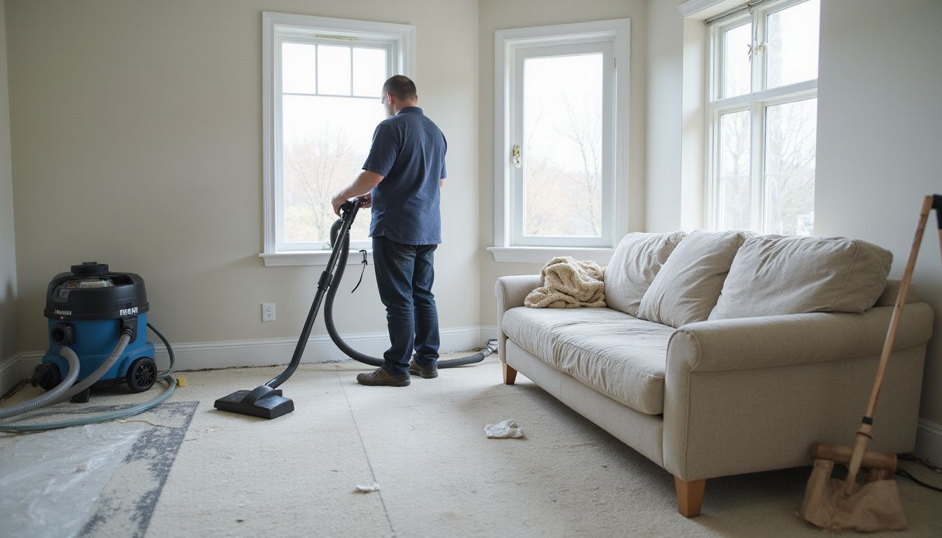 A HEPA vacuum cleaner actively cleaning construction dust in a renovated living room.
