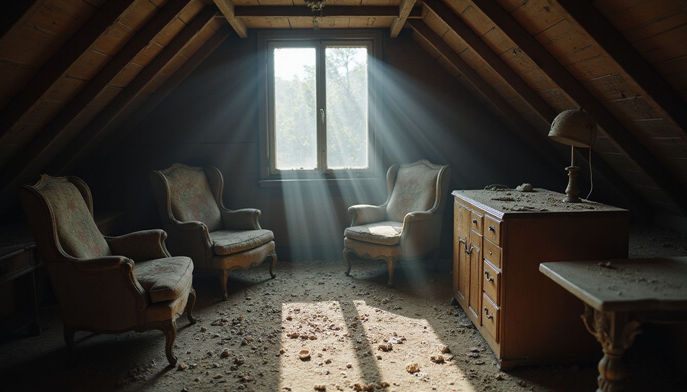 Neglected attic corner filled with old, dusty furniture and sunlight.
