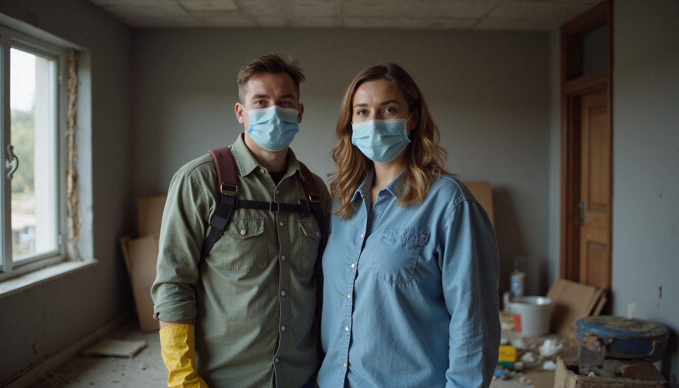 A couple wearing protective gear prepares to clean up a cluttered room.