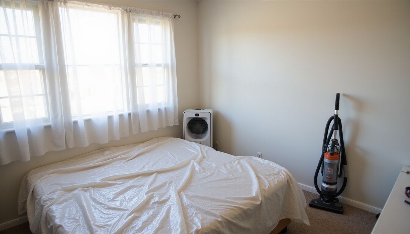 A room protected with plastic sheeting for home renovation, with air purifier and vacuum cleaner.