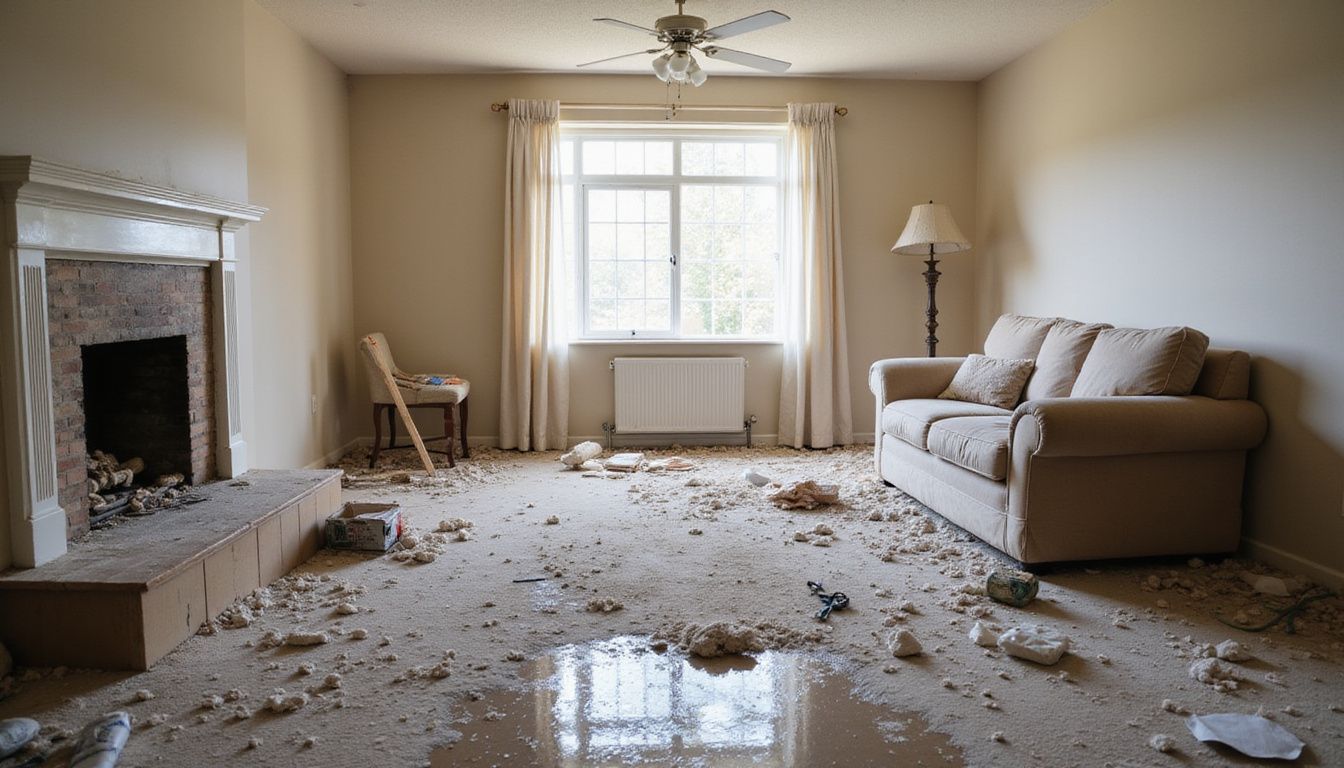 A cluttered and dusty living room needing professional cleaning services.