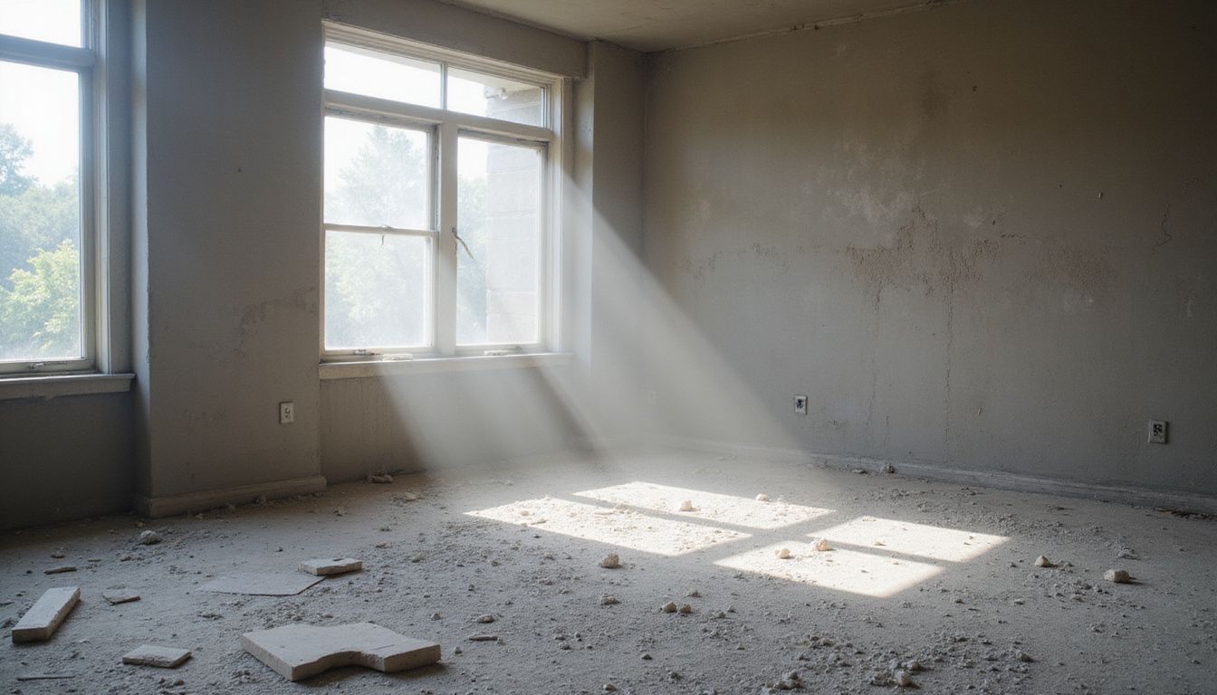A neglected living room filled with gray construction dust.