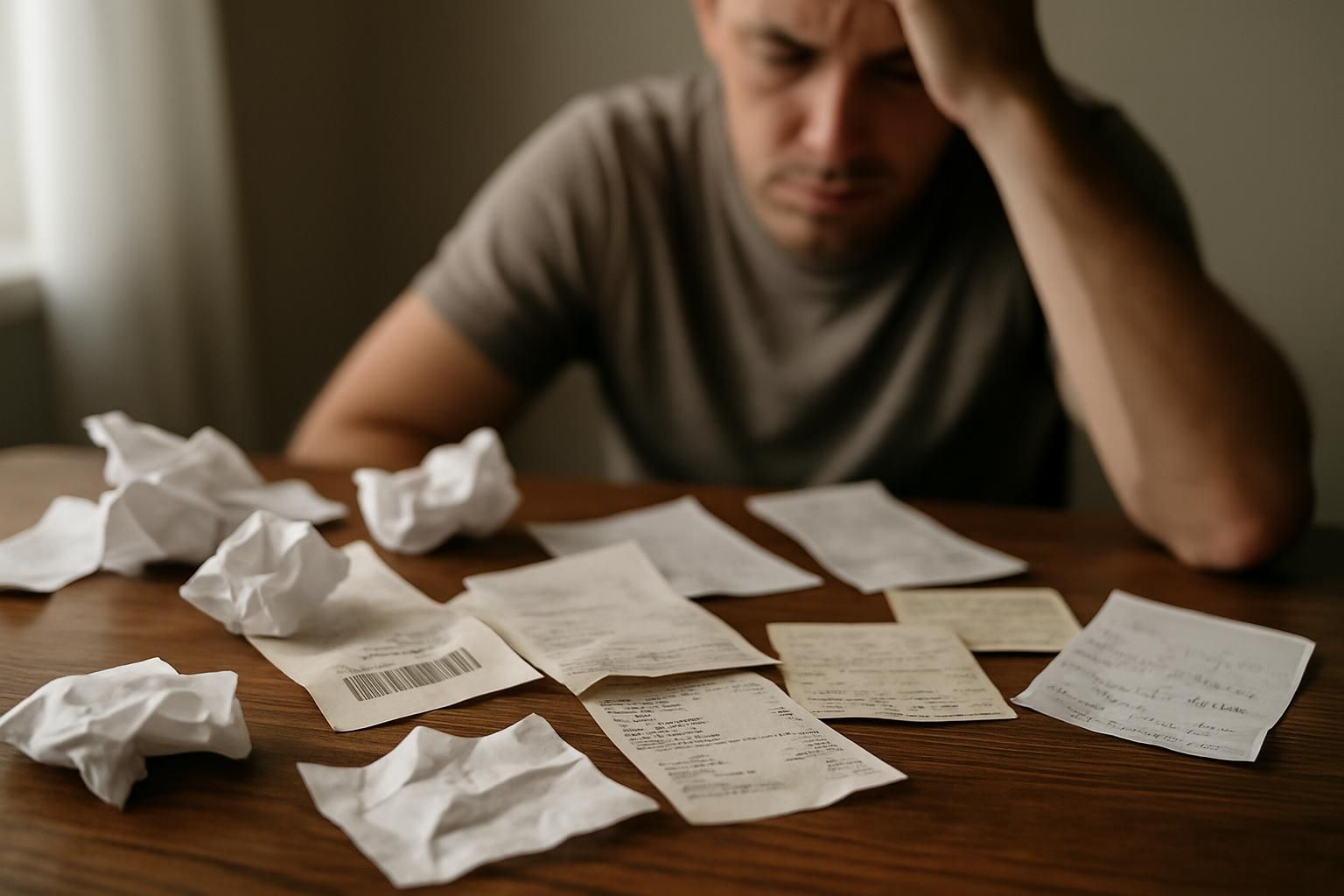 A cluttered wooden desk with scattered papers and a focused person.