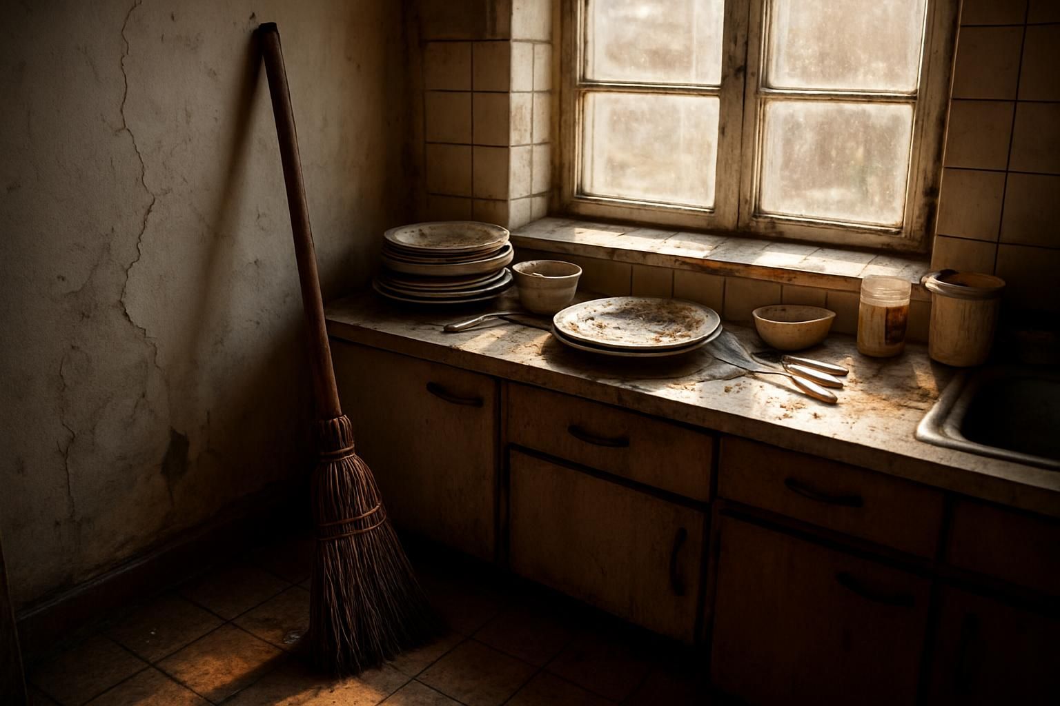 A cluttered, neglected kitchen with a worn broom and dirty surfaces.