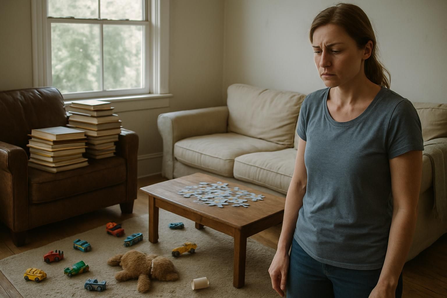 A cluttered living room with worn furniture and scattered toys.