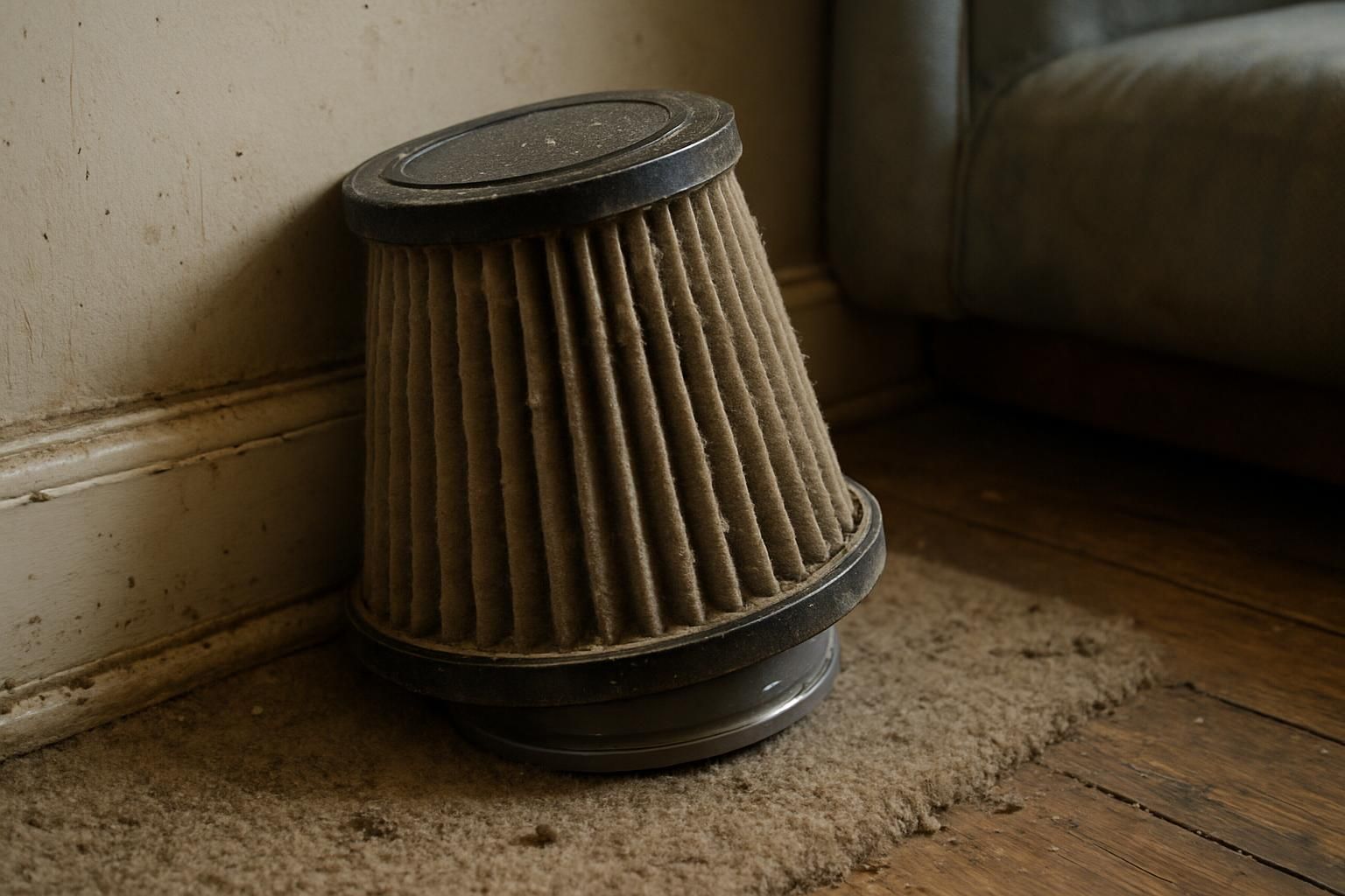 A neglected vacuum filter in a dim corner of a room.