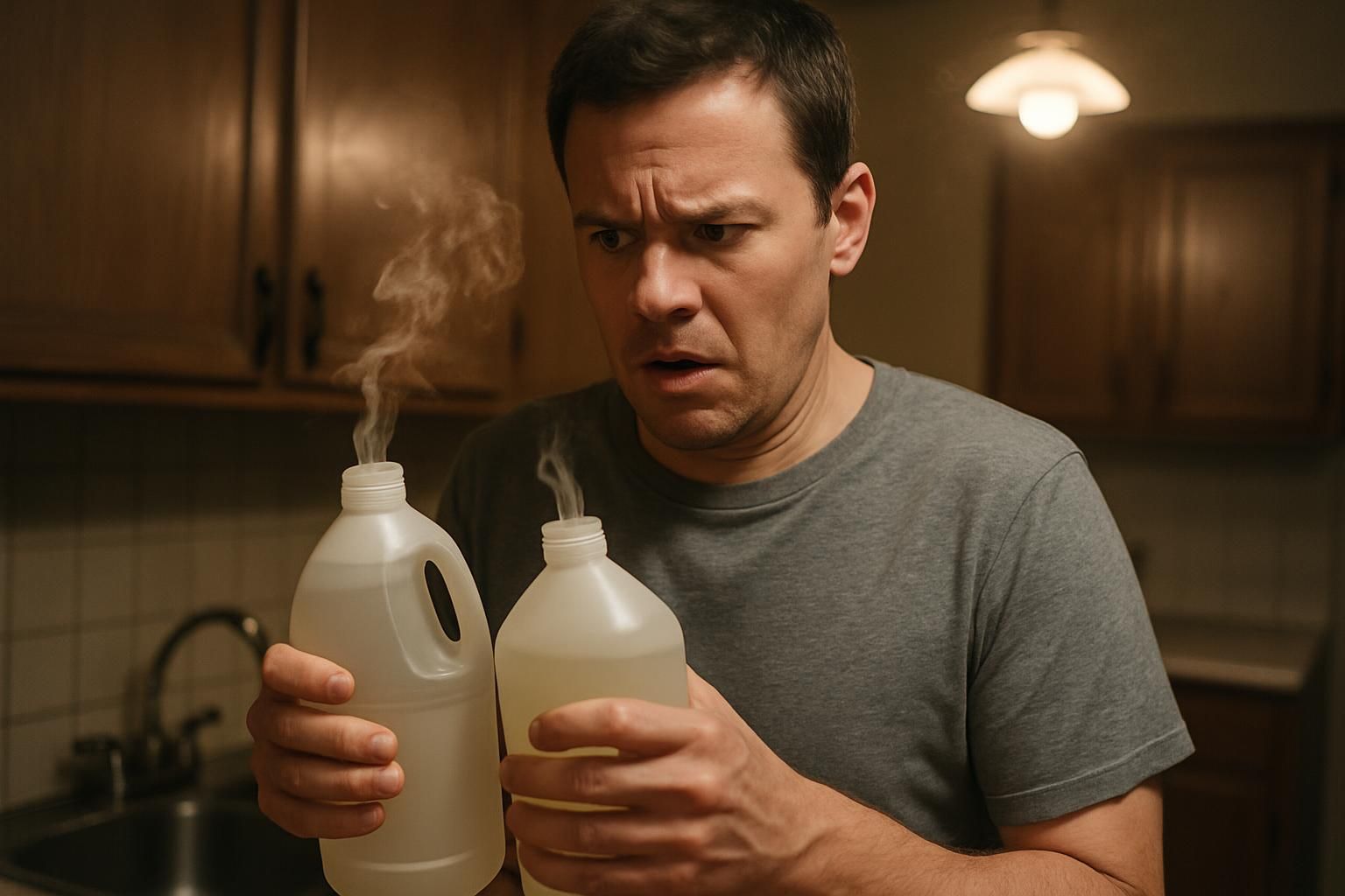 A person holds two smoking cleaning product bottles with concern.