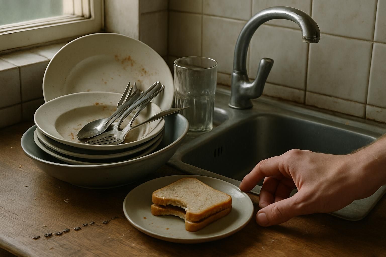 A cluttered kitchen sink with dirty dishes and ants.