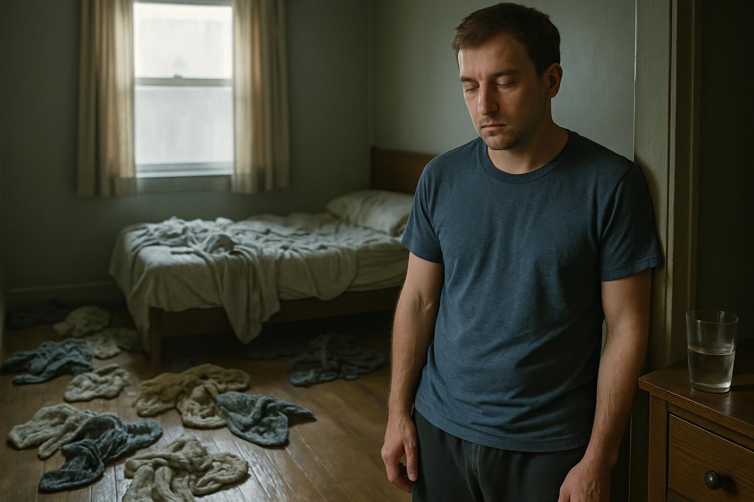A cluttered bedroom with wet towels, discarded clothes, and a tired person.