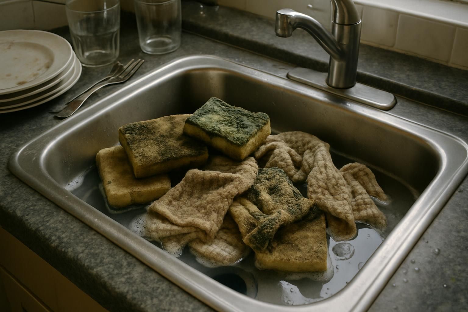A cluttered and dirty kitchen sink and countertops in need of cleaning.