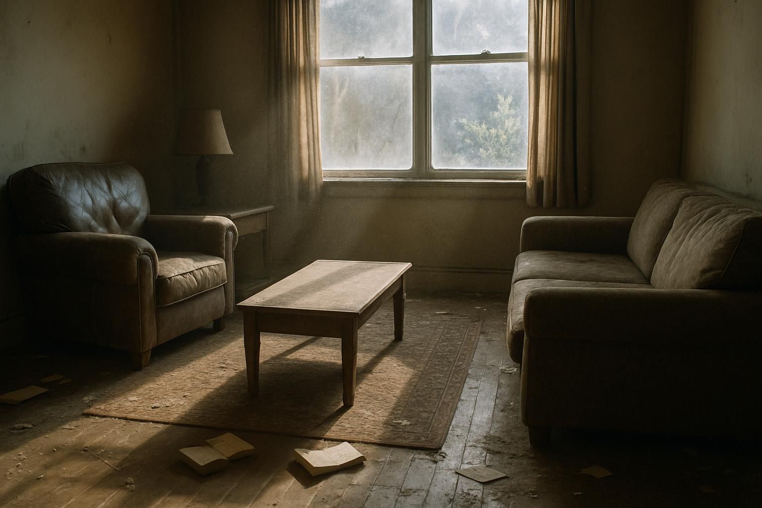 A cluttered, neglected living room with dusty, worn furnishings and dirty windows.