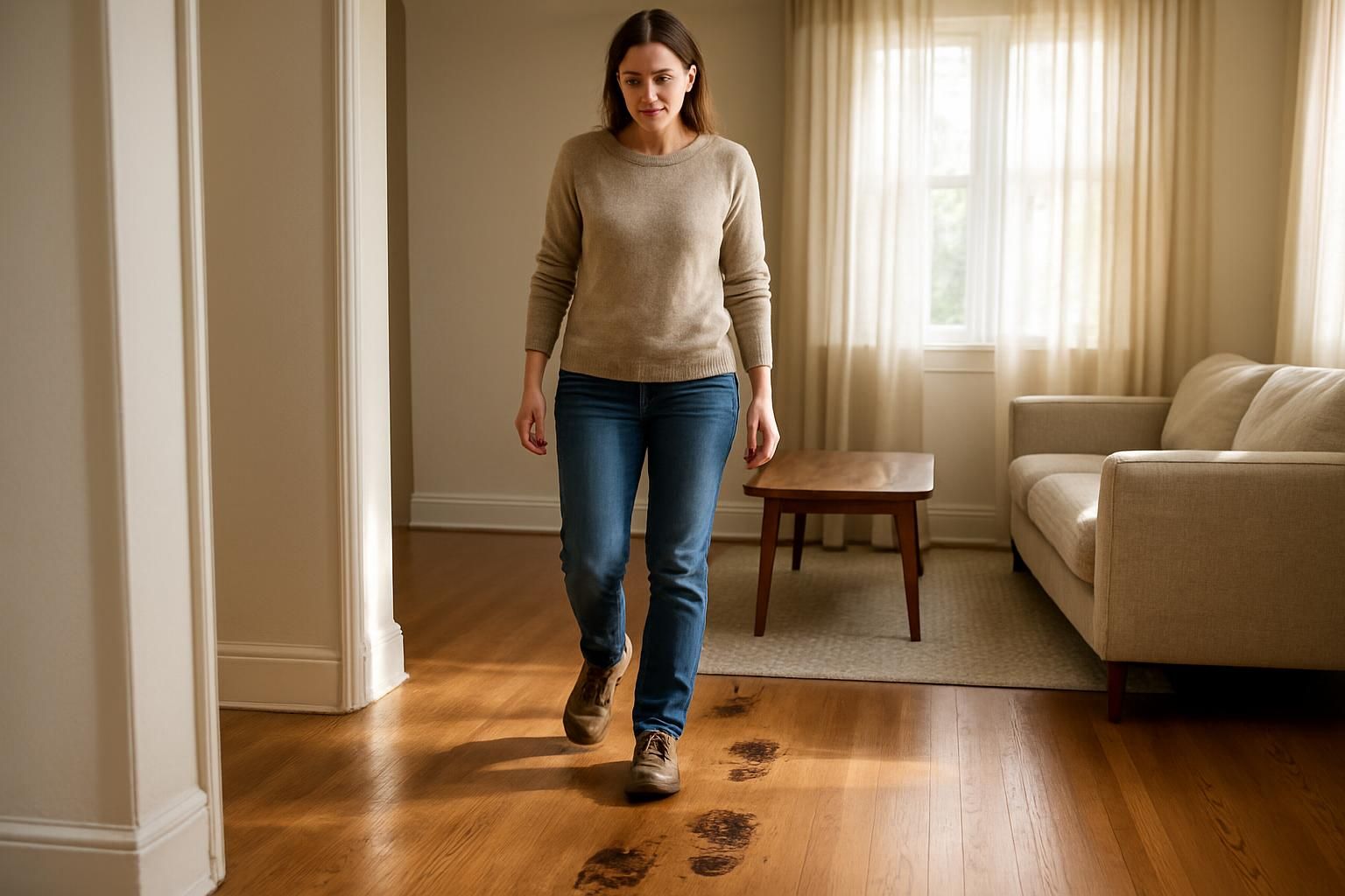 A woman in her 30s walks into a sunlit living room.