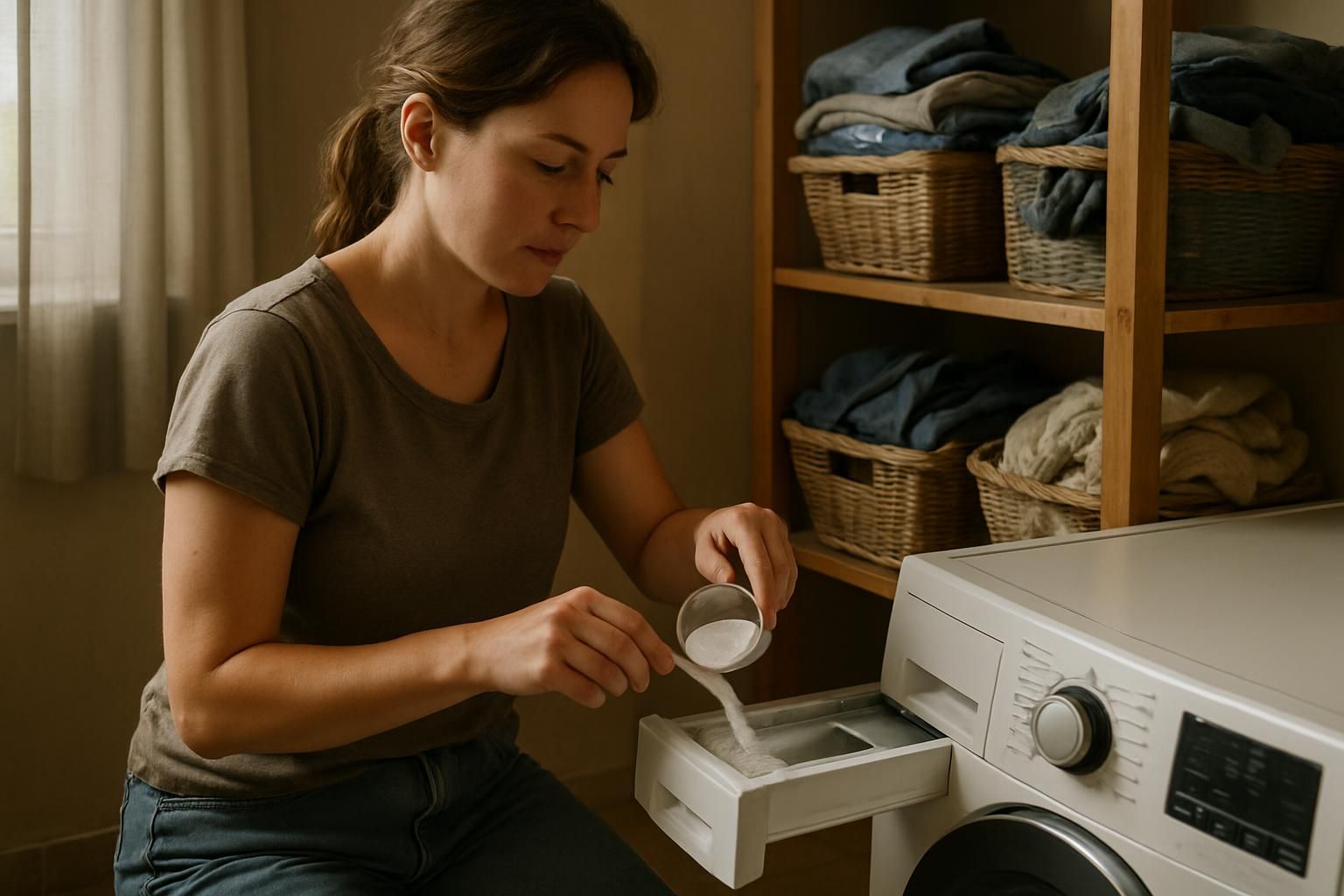 A woman pours baking soda into a washing machine in a laundry room.