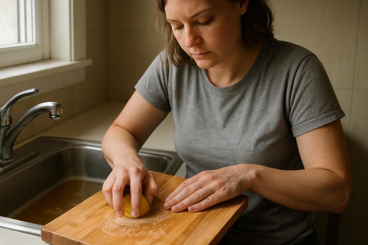 A woman cleans a wooden cutting board in a cozy kitchen.