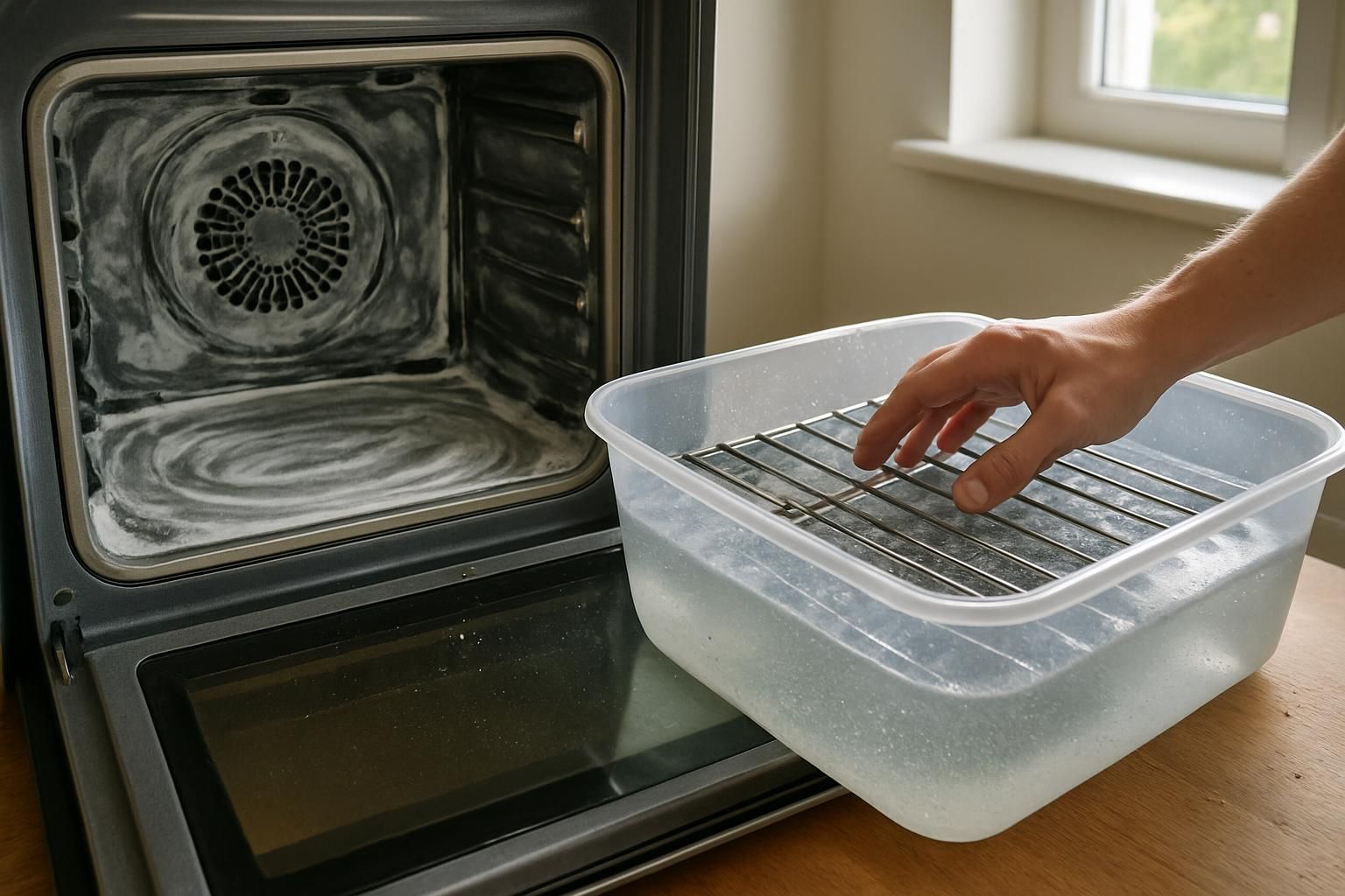 A clean stainless steel oven and soaking oven racks in a kitchen.