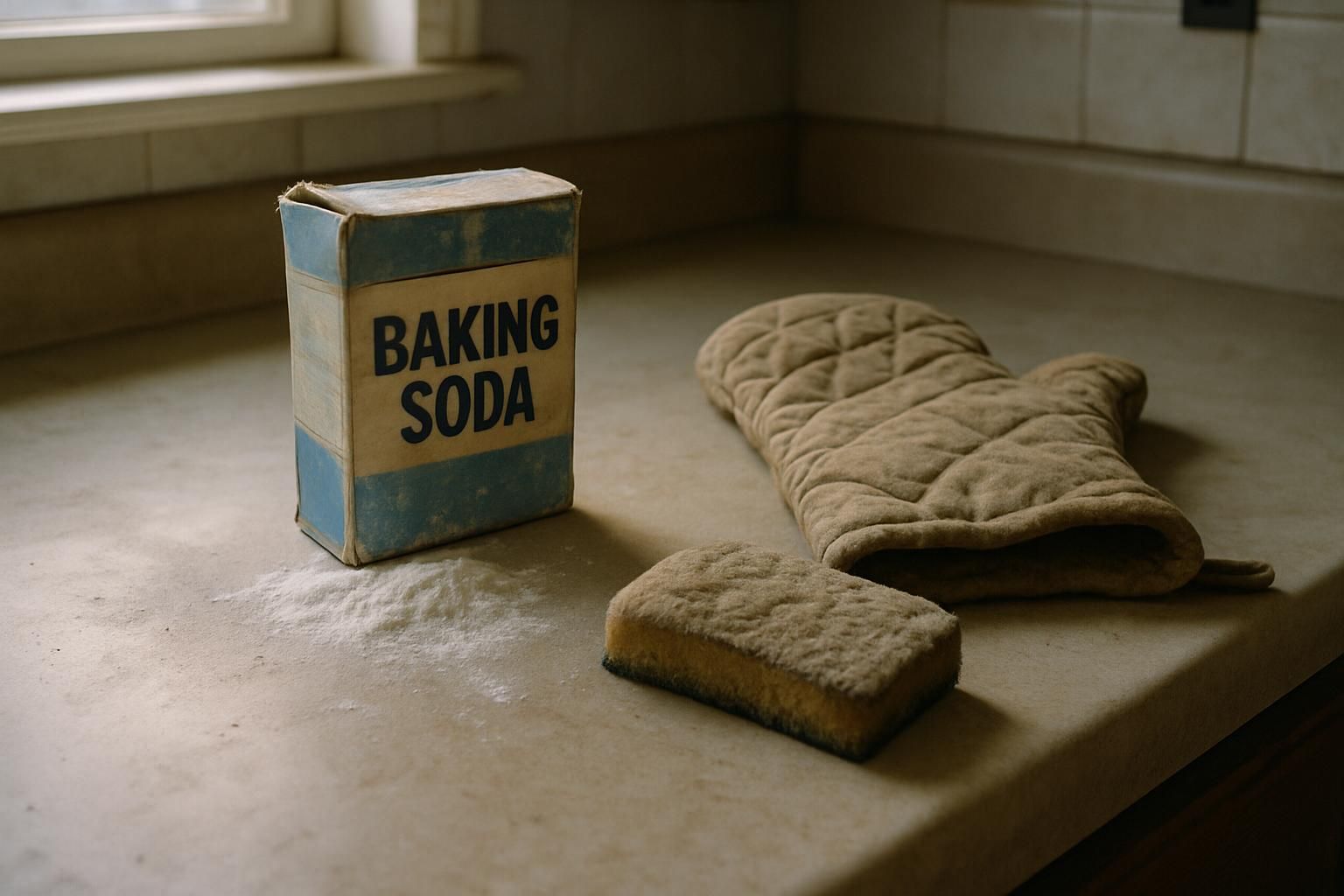 A cluttered kitchen counter with baking soda box, mitt, and sponge.