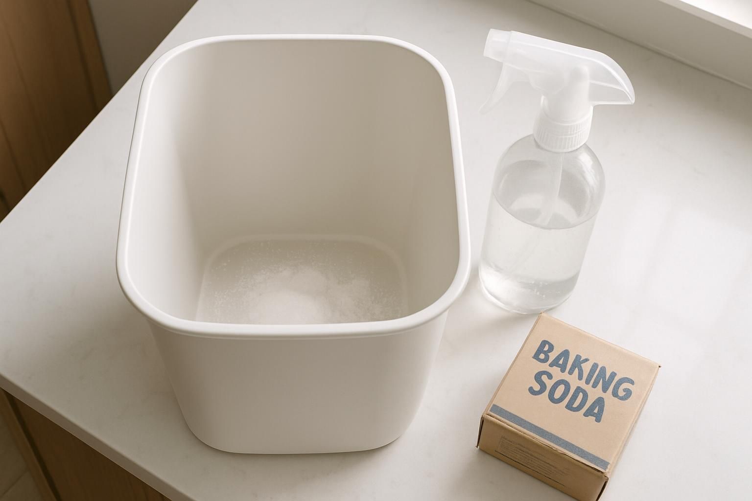 A clean white kitchen garbage can with baking soda and spray bottle.
