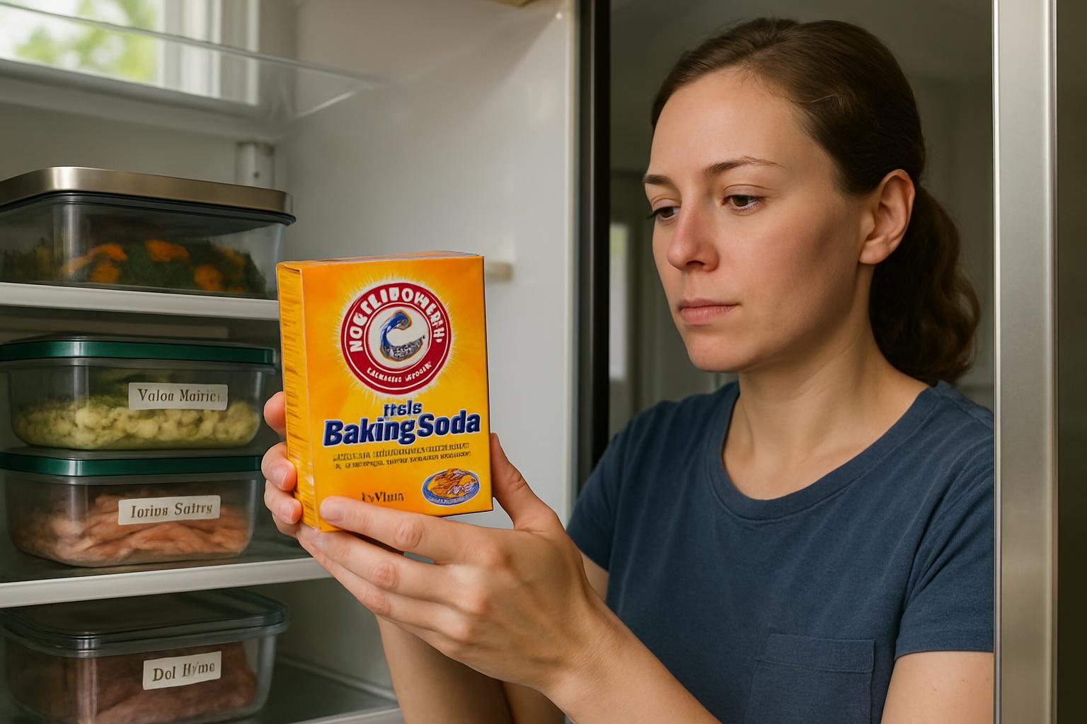 A woman carefully places HAMMER Baking Soda in refrigerator.