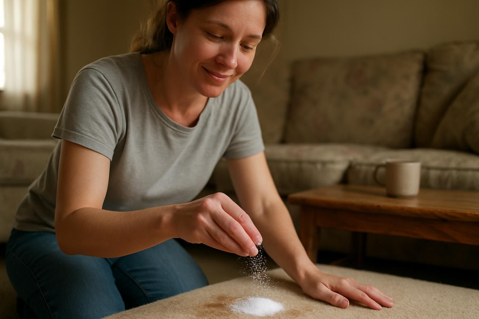 A woman in her 40s sprinkling baking soda on a stained carpet.