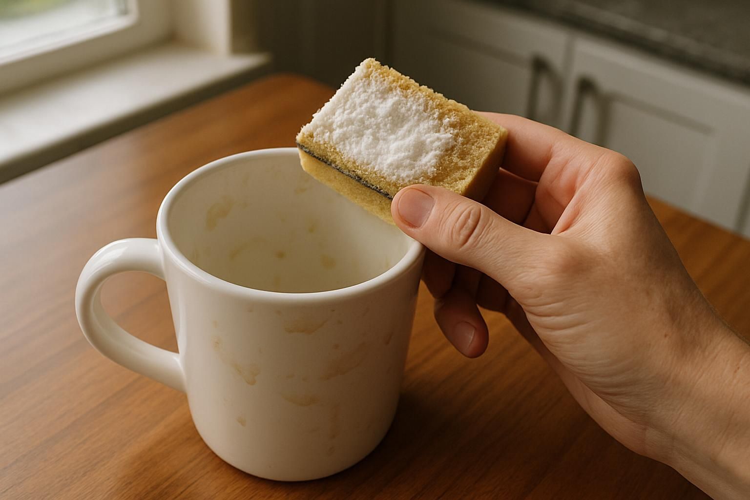 A hand cleaning a coffee-stained mug with baking soda.