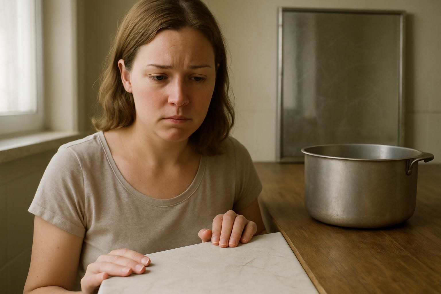 A woman stands in a worn kitchen with a concerned expression.