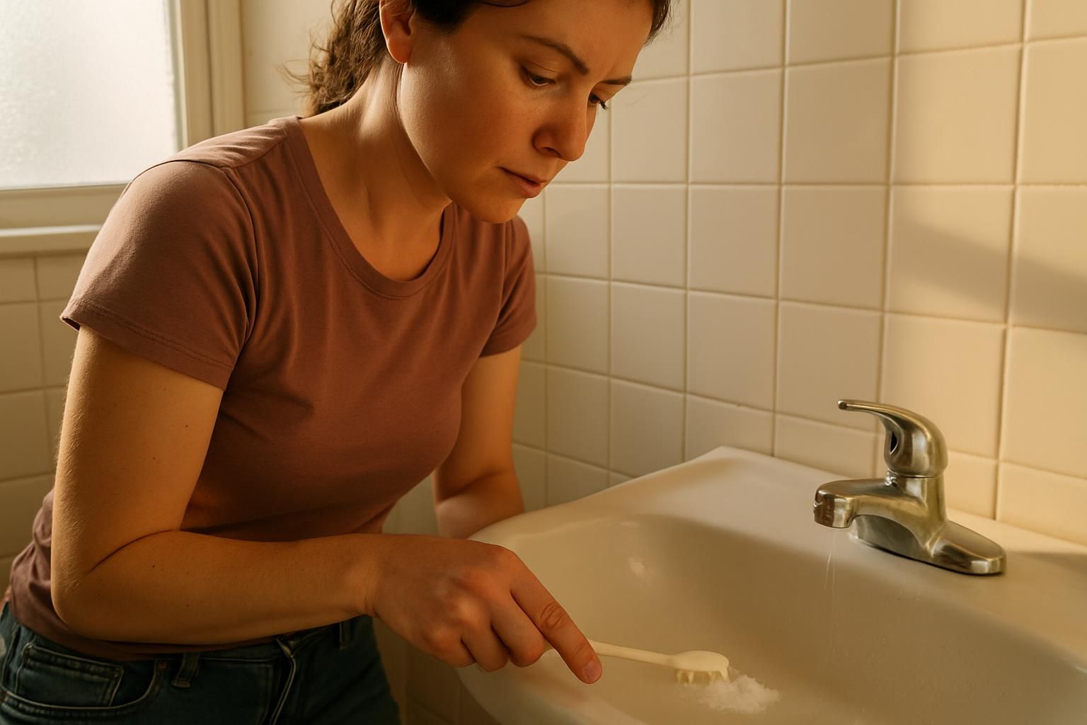 A woman cleans a bathroom sink with care and concentration.