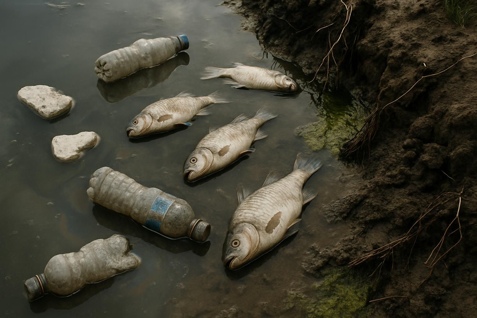 A polluted riverbank with dead fish, plastic trash, and murky water.