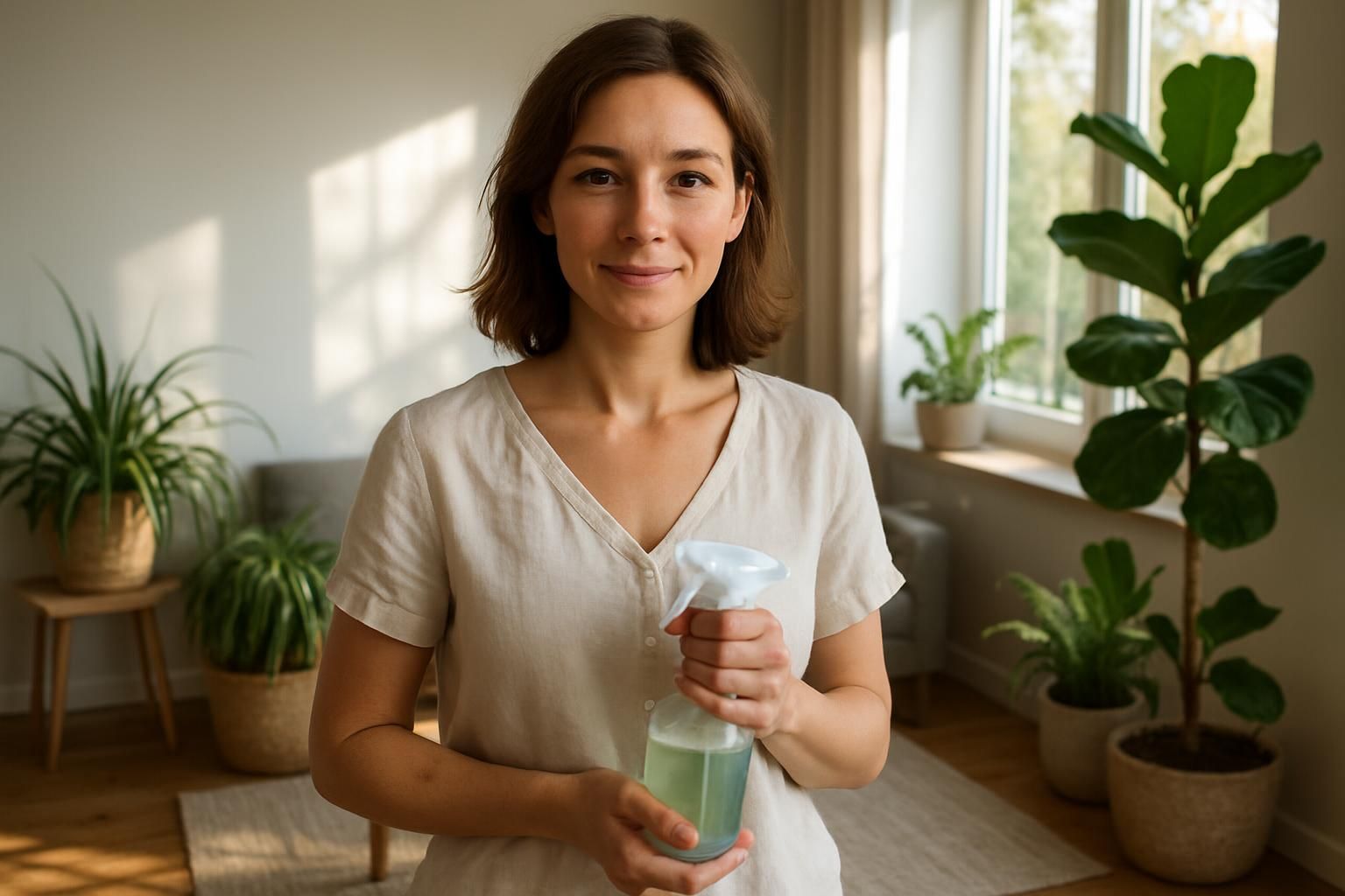 A woman holding eco-friendly cleaning solution in modern living room.