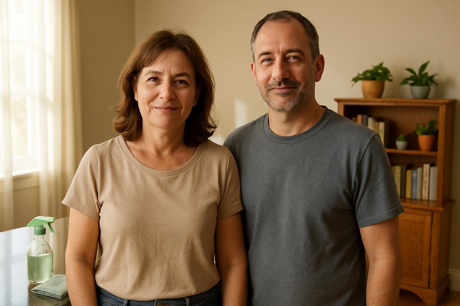 A middle-aged couple stands in their well-maintained, eco-conscious living space.
