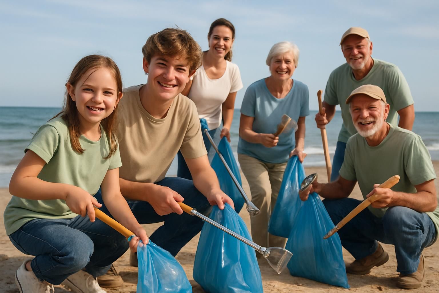 A diverse group of people of all ages cleaning a sandy beach.
