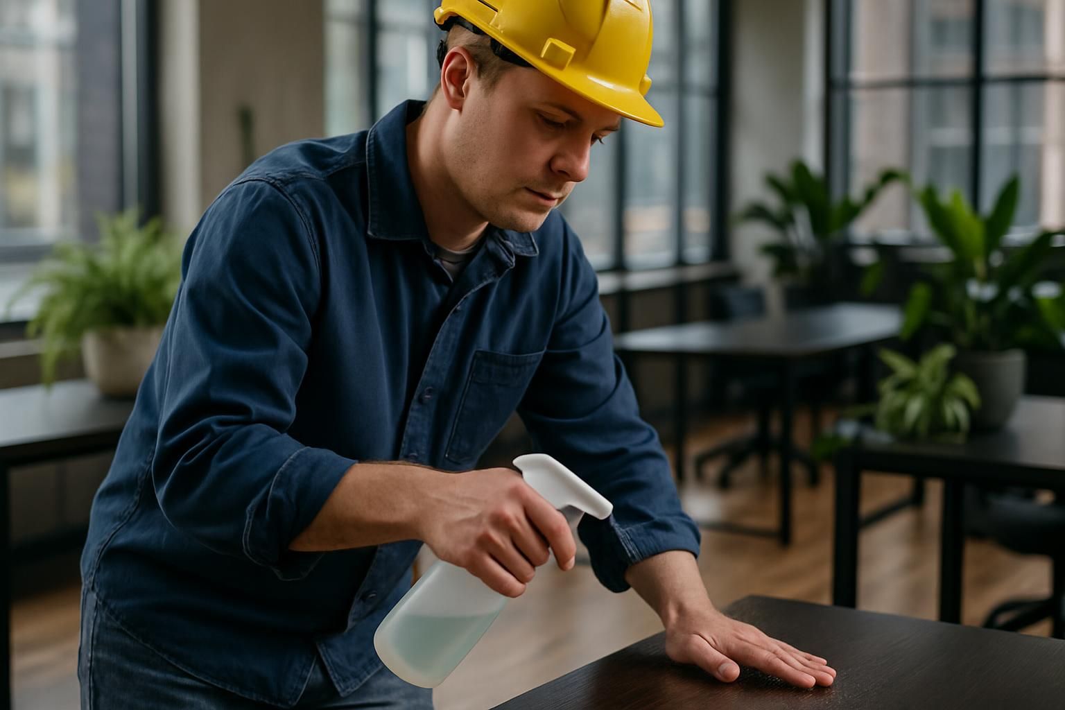 An industrial worker cleans an office using eco-friendly solutions.