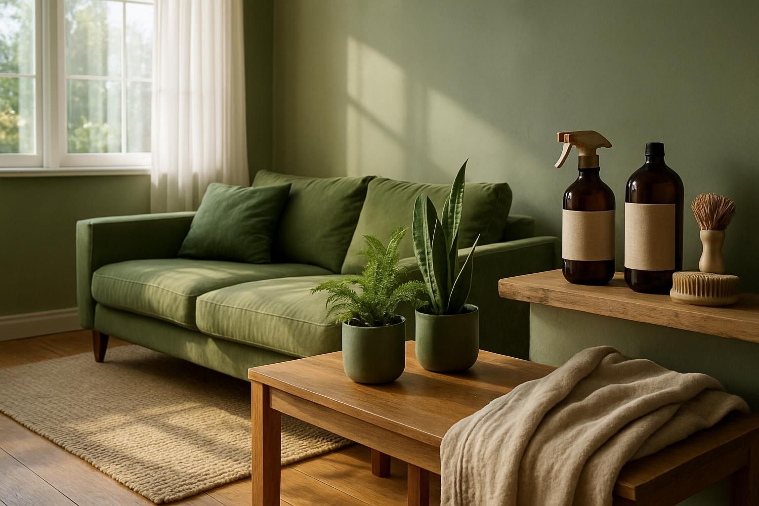 A well-lit, earthy living room with green tones and natural textures.