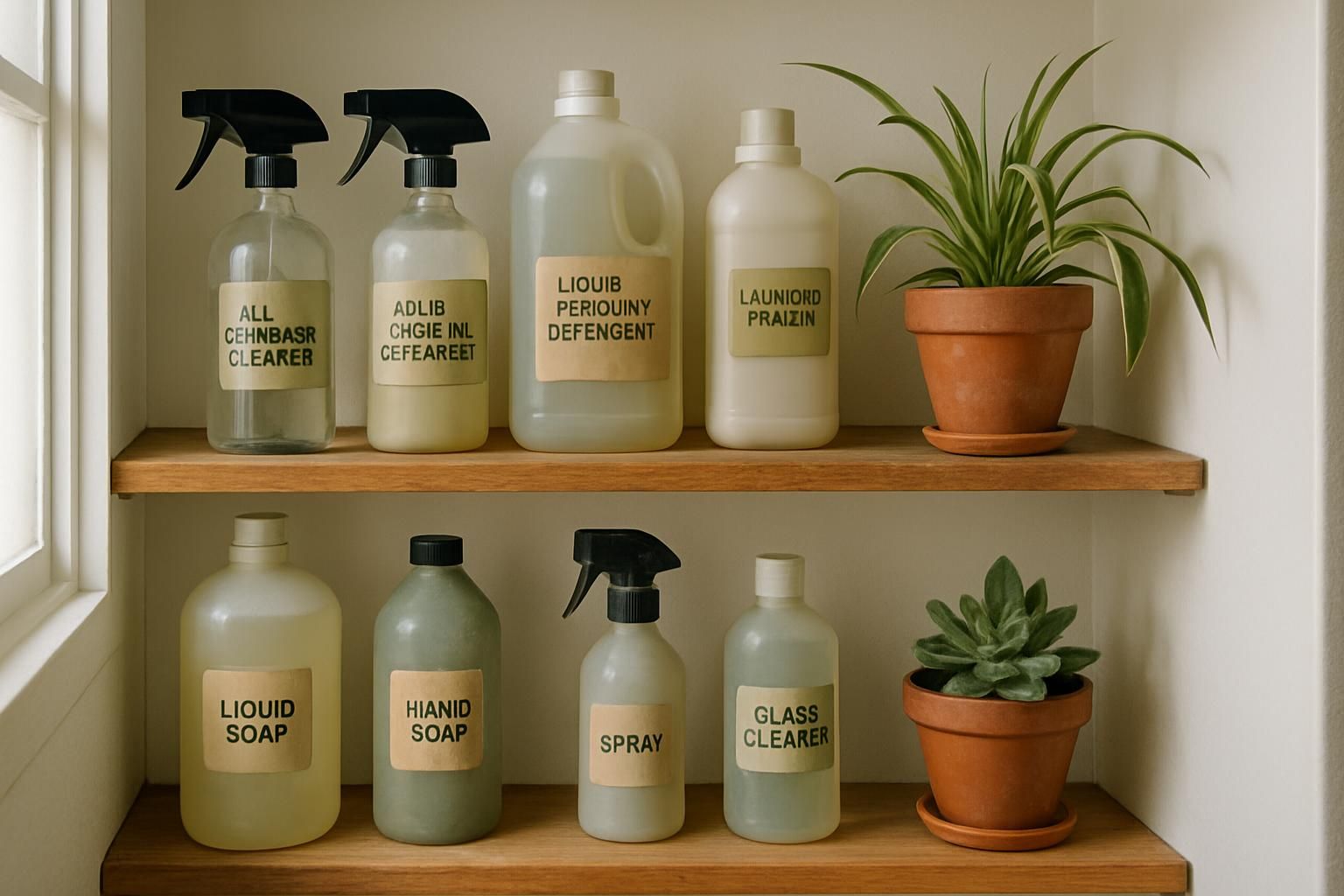 Organized utility closet with eco-friendly cleaning supplies and plants.