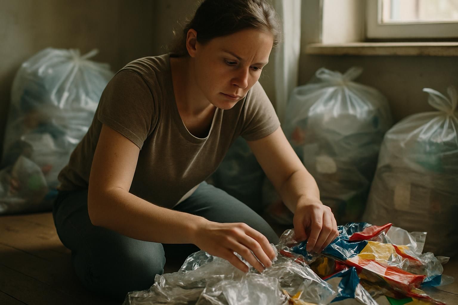 A woman sorts through recyclable plastic packaging in a cluttered room.