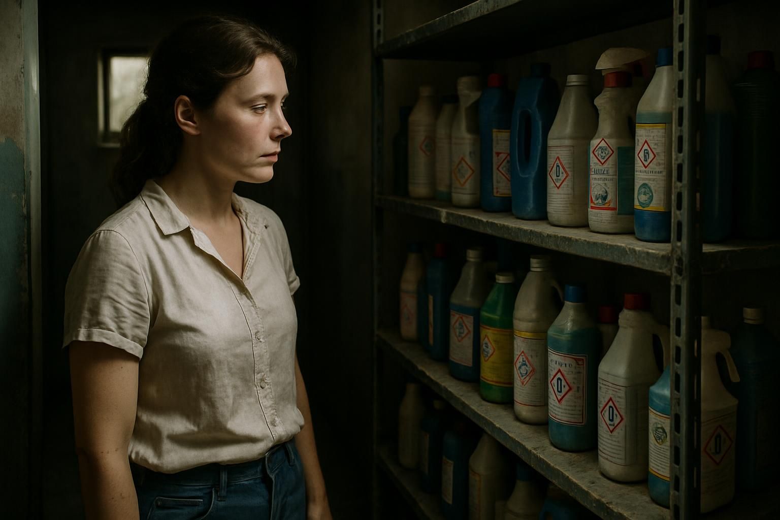 A woman standing in a cluttered storage room studying cleaning products.