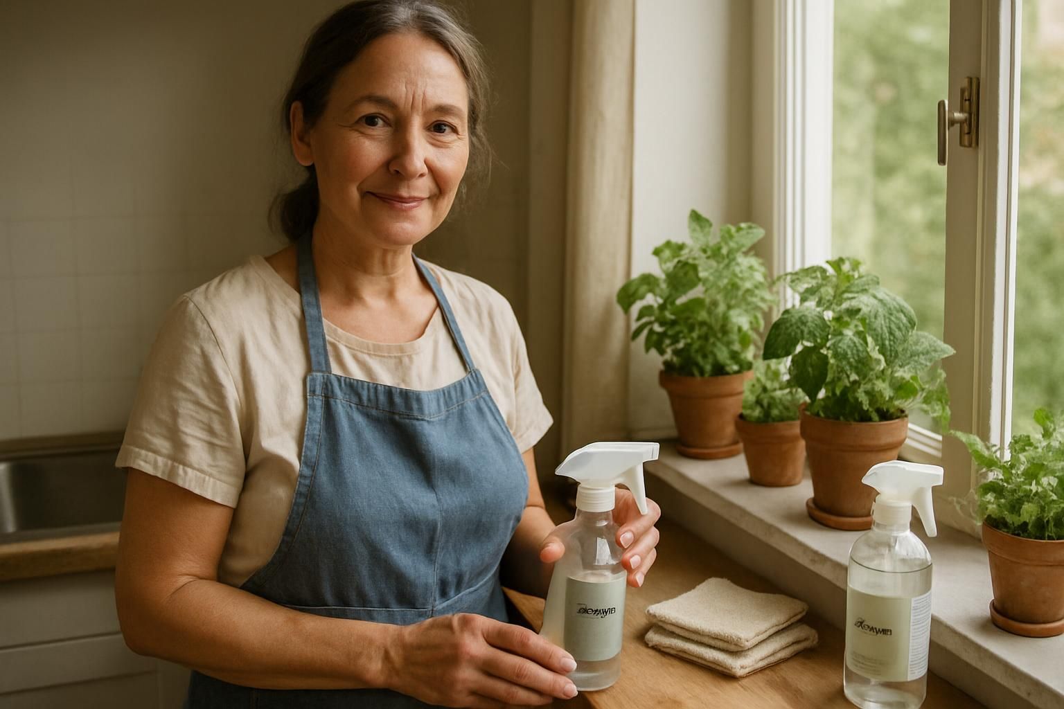 A woman in a simple apron sprays eco-friendly cleaner in her kitchen.