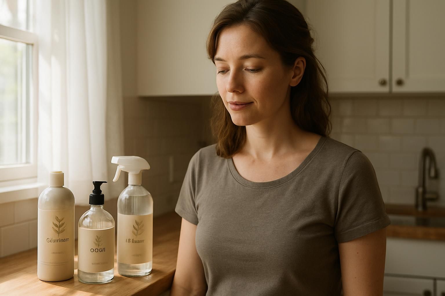 A woman in her 30s standing in a sustainable, sunlit kitchen.