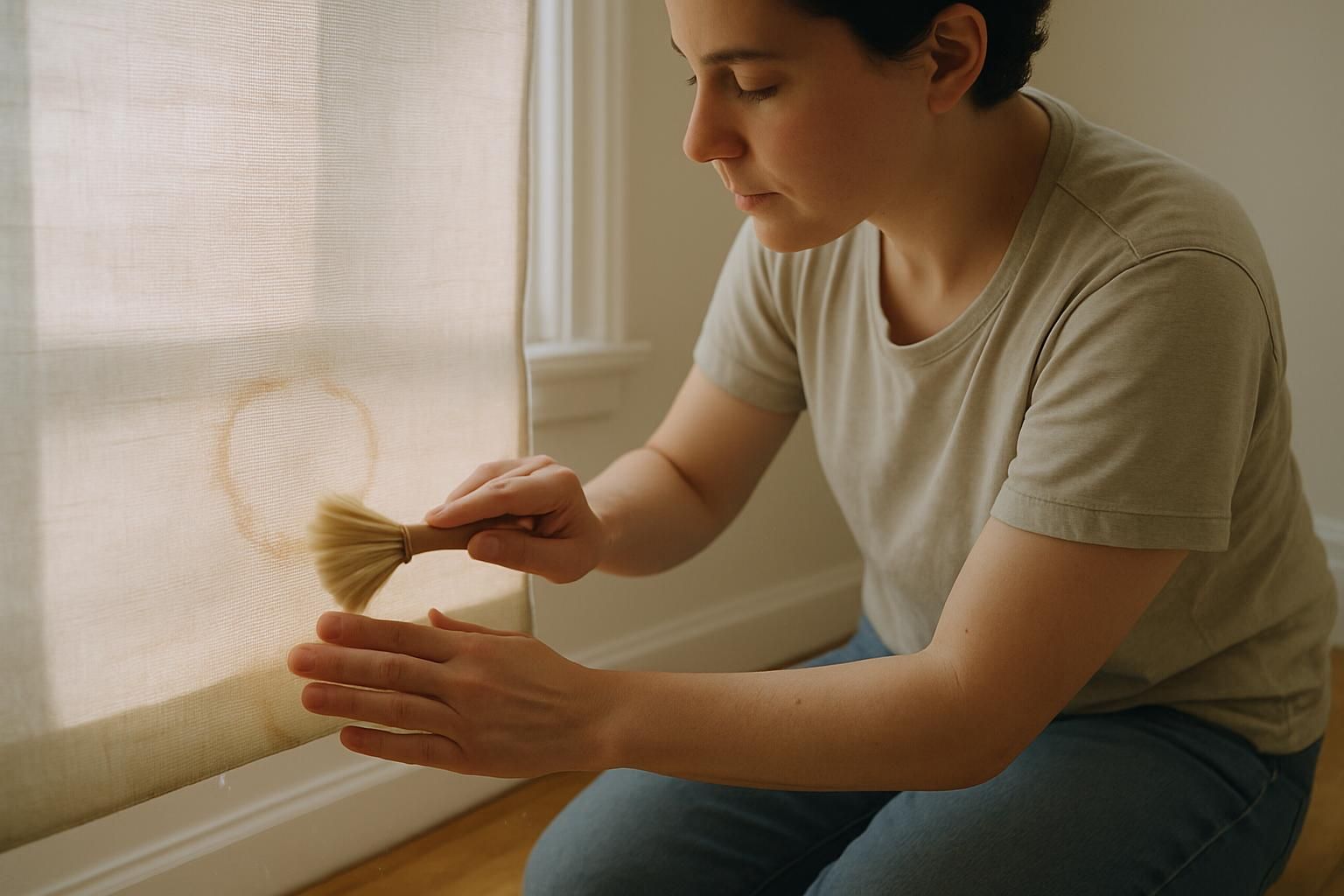 A person dusts fabric blinds in a sunlit room.