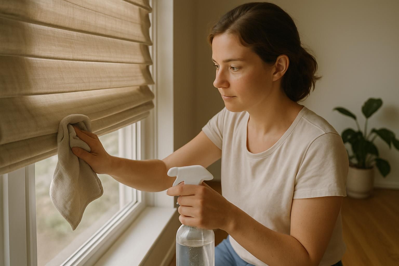A woman cleans fabric blinds in a sunlit living room.
