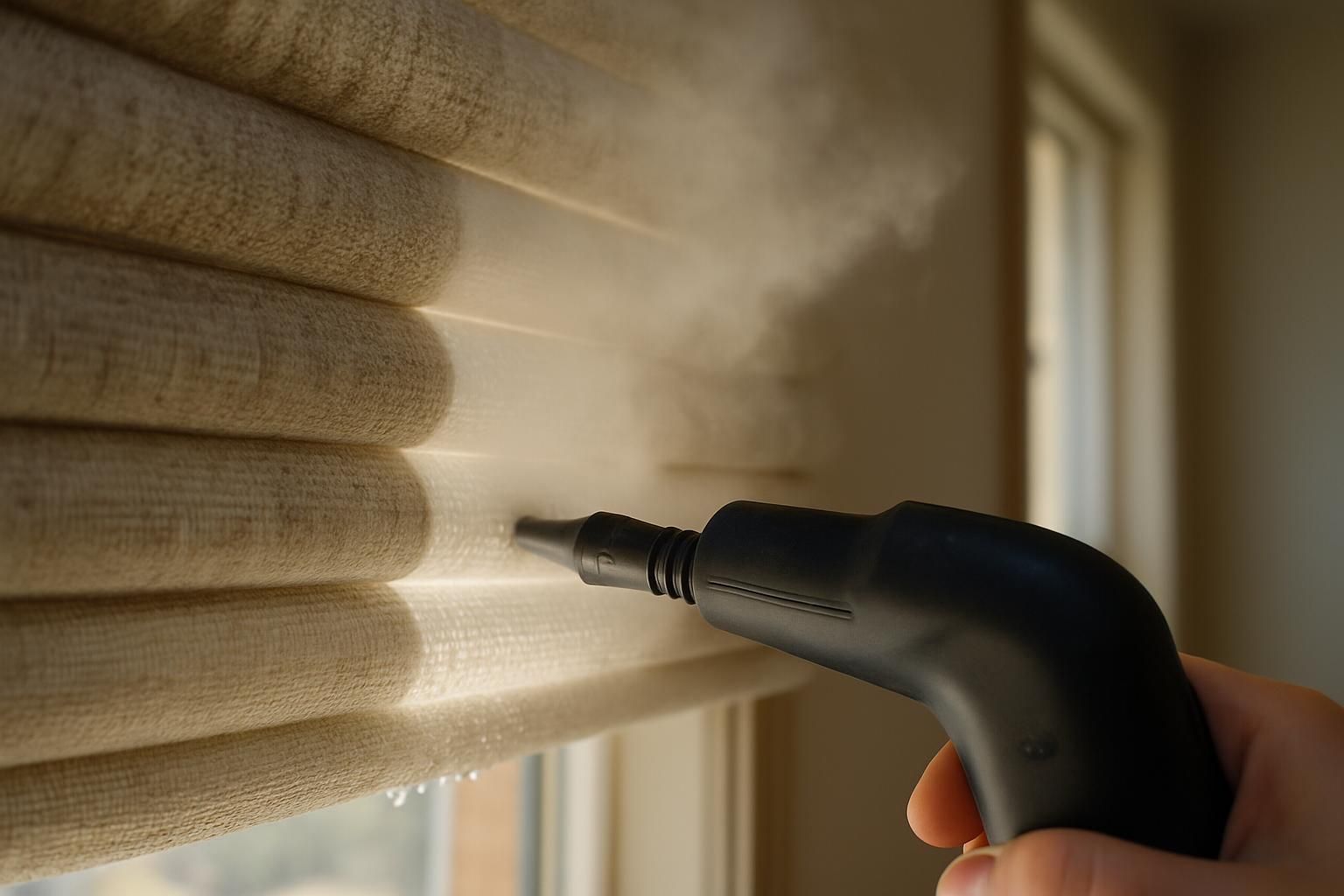 A handheld steam cleaner being used to clean fabric blinds.