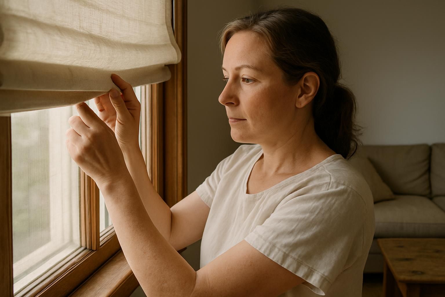A woman in her 40s standing by a window in a cozy living room.